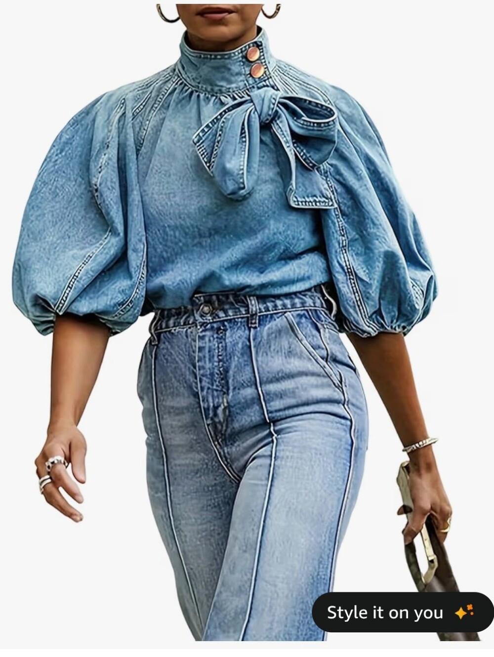 Women Bow Tied Denim Pull Over - Light Blue #55
